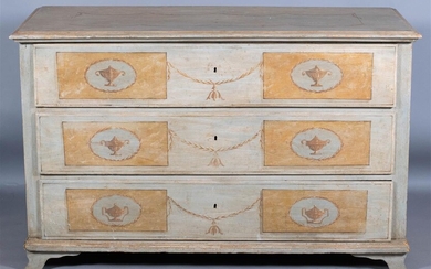 SWEDISH NEOCLASSICAL STYLE POLYCHROMED GREY PAINTED CHEST OF DRAWERS