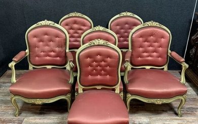 Salon obilier - Louis XV style - comprising 4 armchairs and 2 chairs (6) - Silk, Lacquered wood - Mid 19th century