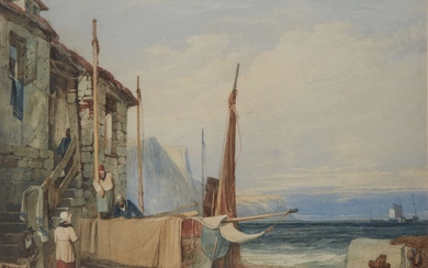 Samuel Prout, OWS, British 1783-1852- Fishermen mending sails; watercolour heightened...