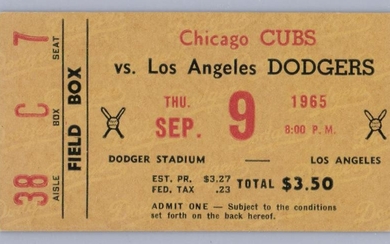 Sandy Koufax Perfect Game 9/9/65 Ticket Stub