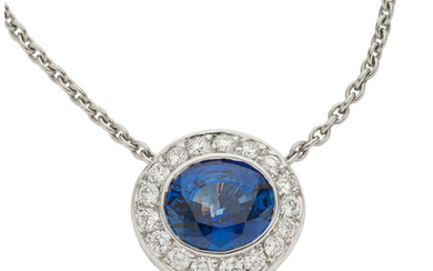 Sapphire, Diamond, White Gold Pendant-Necklace Stones: Oval-shaped sapphire weighing...