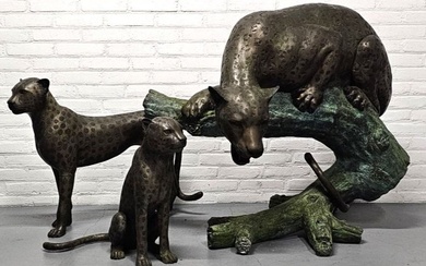Sculpture, Luipaard met stel jongen - 90 cm - Bronze (patinated)