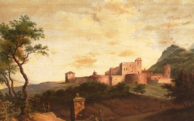 Scuola italiana (XIX) - Paesaggio con castello e figure
