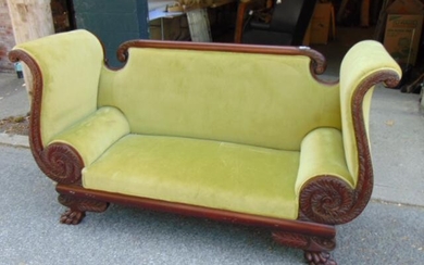 Second Empire mahogany sofa with scrolled arms, green
