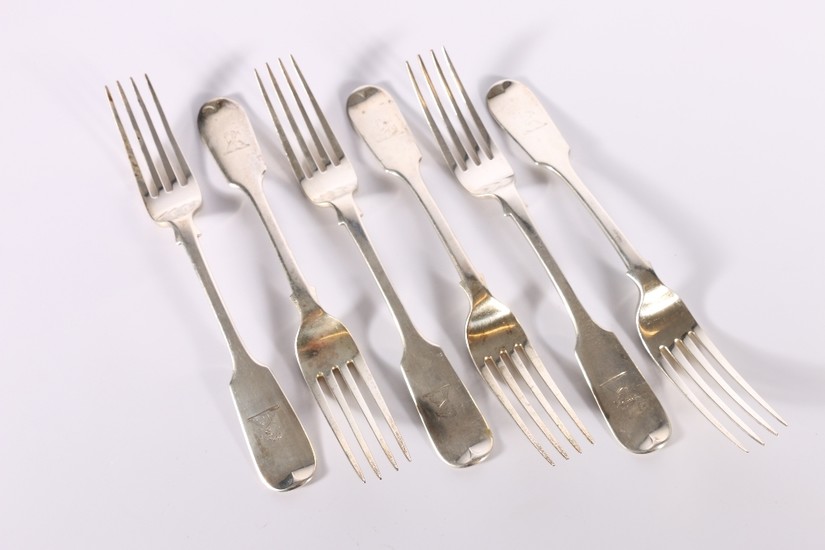Set of six Victorian silver table forks of fiddle pattern by...