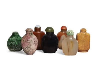 Seven Chinese hardstone snuff bottles, Qing Dynasty - 20th century, including three...