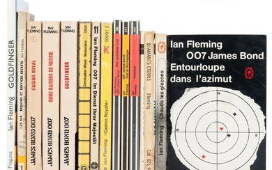 Shelf of Fourteen Foreign James Bond Paperbacks.