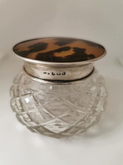 Silver and faux tortoise shell lid crystal cutpowder jar - .925 silver - England - Early 20th century