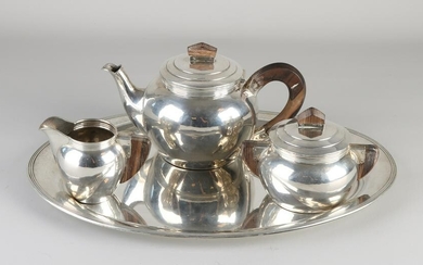 Silver tea service on tray, 835/000, Art Deco.&#160 Tea