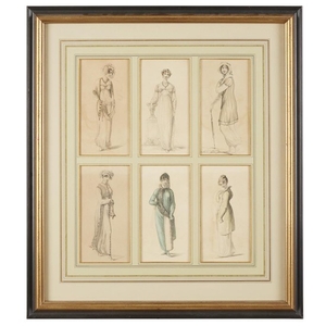 Six framed French etchings with watercolor depicting ladies' fashions...