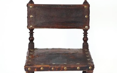 Spanish Baroque Manner Oak & Leather Child's Chair