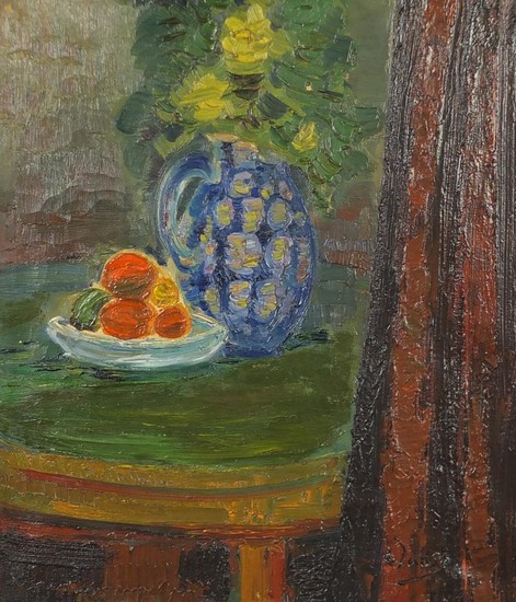 Still life flowers and fruit, oil on canvas, bearing an indi...