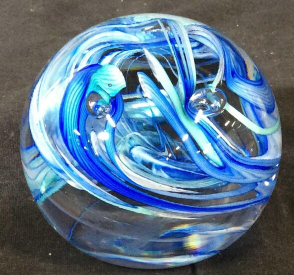 Swirling Blue Art Glass Paperweight