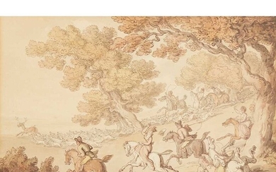 THOMAS ROWLANDSON (BRITISH 1756-1827) STAG HUNTING WITH ONE OF THE FIELD TAKING A FALL