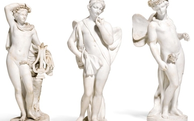 THREE SEVRES WHITE BISCUIT MYTHOLOGICAL FIGURES OF CUPID AND PSYCHE AND A FIGURE OF APOLLO, 18TH CENTURY