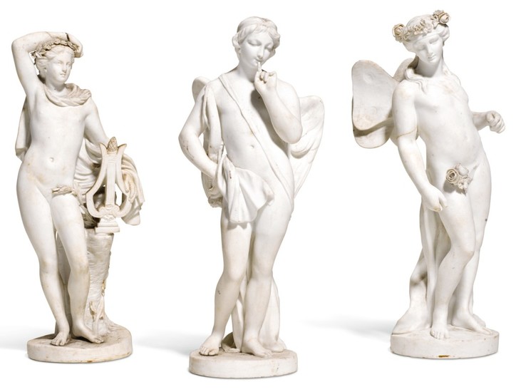 THREE SEVRES WHITE BISCUIT MYTHOLOGICAL FIGURES OF CUPID AND PSYCHE AND A FIGURE OF APOLLO, 18TH CENTURY