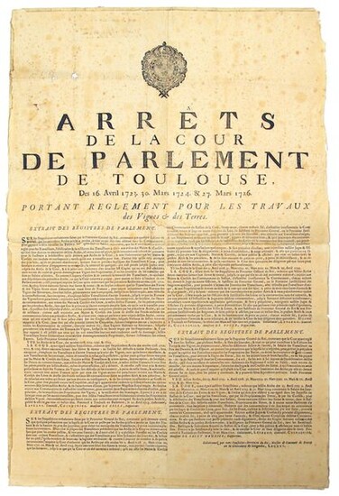 TOULOUSE (31). 1726. "Judgment of the Court of Parliament of Toulouse, 16 April 1723. 30 March 1724. & 27 March 1726. portant Règlement pour les Travaux des Vignes & des Terres". Vignette.
