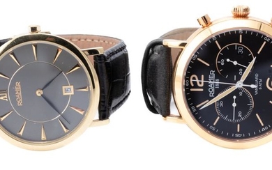 TWO GENTS ROAMER QUARTZ WRISTWATCHES; one with grey sunburst dial, golden markers, date, gold plated case diam. 38mm, leather band,...