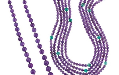 TWO NECKLACES in amethyst spheres: one with four...