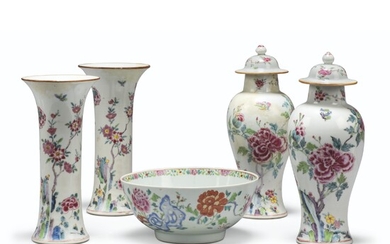 TWO PAIRS OF CHINESE FAMILLE ROSE VASES AND A BOWL