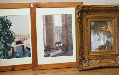 TWO PHOTOGRAPHS OF VENETIAN SCENES AND A GILT FRAMED LANDSCAPE