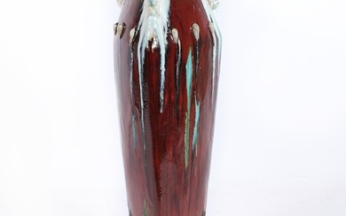 Tall Chinese sang de boeuf flambe glazed art pottery vase with 3 zoomorphic sea creature figural