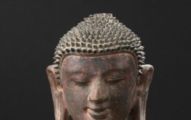 Tête de bouddha en laque sèche Thaïlande, XVIIe-XVIIIe siècle Le visage serein, les yeux mi-clos,...