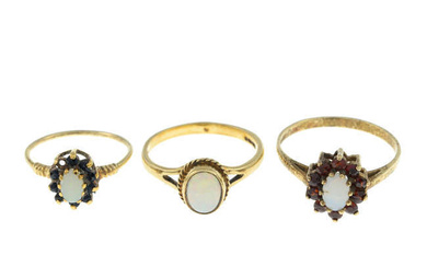 Thee 9ct gold opal & gem rings