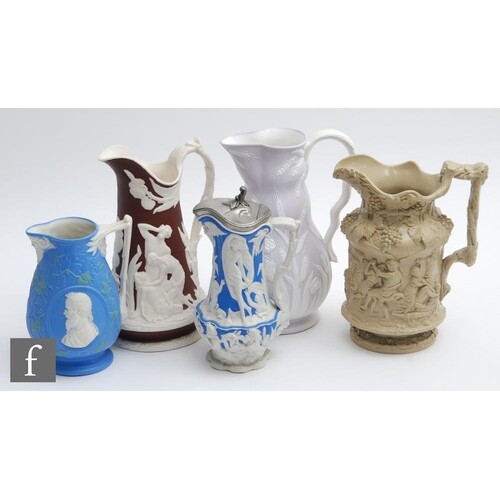 Three 19th Century Samuel Alcock & Co parian jugs, the f...