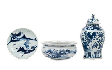 Three Chinese Blue and White Porcelain Articles