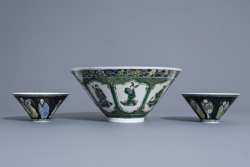 Three Chinese verte biscuit bowls with figurative design,...