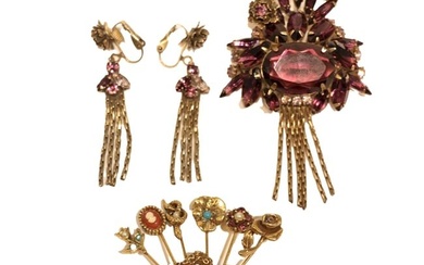 Three Vintage Gold Tone Purple Glass Earring Brooch & Goldette Stick Pin Figural Brooch Pins