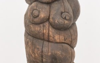 Totemic Female Figure Wood Sculpture, 20th C.
