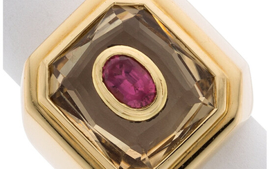 Tourmaline, Quartz, Gold Ring The ring features a rectangular...