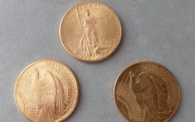 Trois pièces en or Liberty 20$ USA 1924. (Usures)
