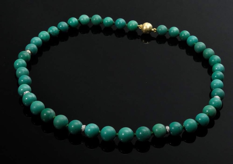 Turquoise bead necklace with white gold 585 octagon diamond rings (total approx. 0.30ct/SI/W), 66.8g, l. 50.5cm, Ø 10.3mm
