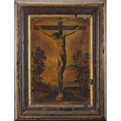 Tuscan school, 16th century Christ on the cross Oil on panel, 48.5x32 cm. Antique frame (defects and restorations)