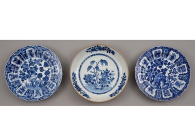 Two Chinese blue and white plates, 18th c, painted with tree...