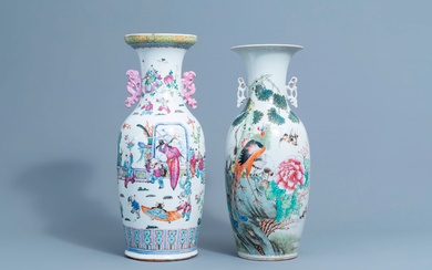 Two Chinese famille rose vases with figures on a terrace and birds among blossoming branches,...