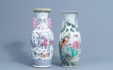 Two Chinese famille rose vases with figures on a terrace and birds among blossoming branches