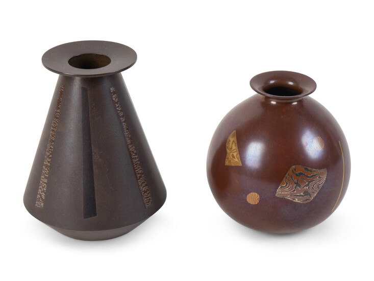Two Contemporary Inlaid Bronze Vases