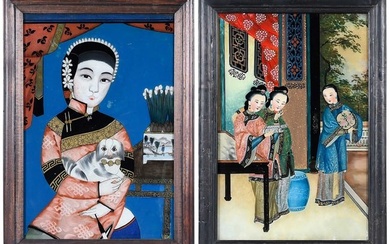 Two Framed Chinese Reverse Painted Glass Panels
