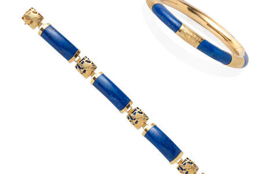 Two Gold and Lapis Lazuli Bracelets