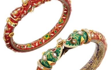 Two Indian Gold, Jaipur Enamel and Foil-Backed Diamond Bangle Bracelets
