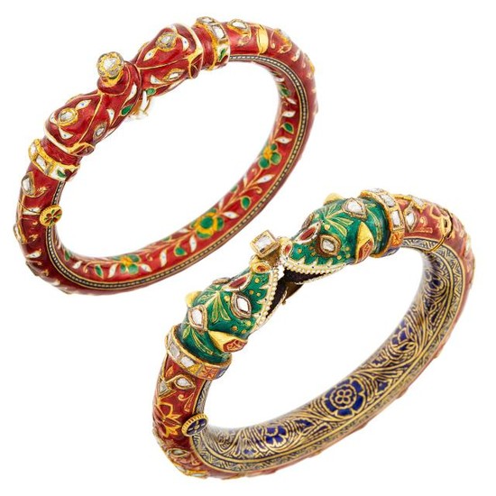 Two Indian Gold, Jaipur Enamel and Foil-Backed Diamond Bangle Bracelets