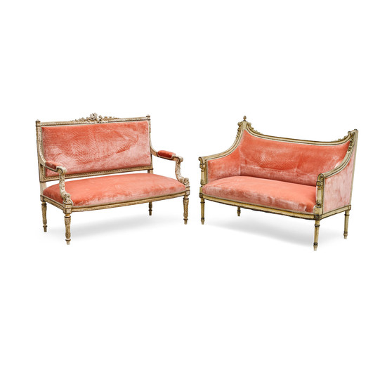 Two Louis XVI Style Carved and Painted Wood Settees
