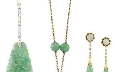 Two jade pendent necklaces and a pair...