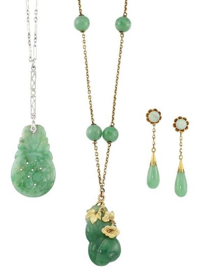 Two jade pendent necklaces and a pair...