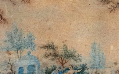 UNBEKANNTER KÜNSTLER. WATERCOLOR, garden scene with a dog, around 1800, in a wooden frame.