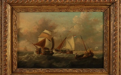 Unsigned. 19th century. Dutch fishing boats at sea. Oil